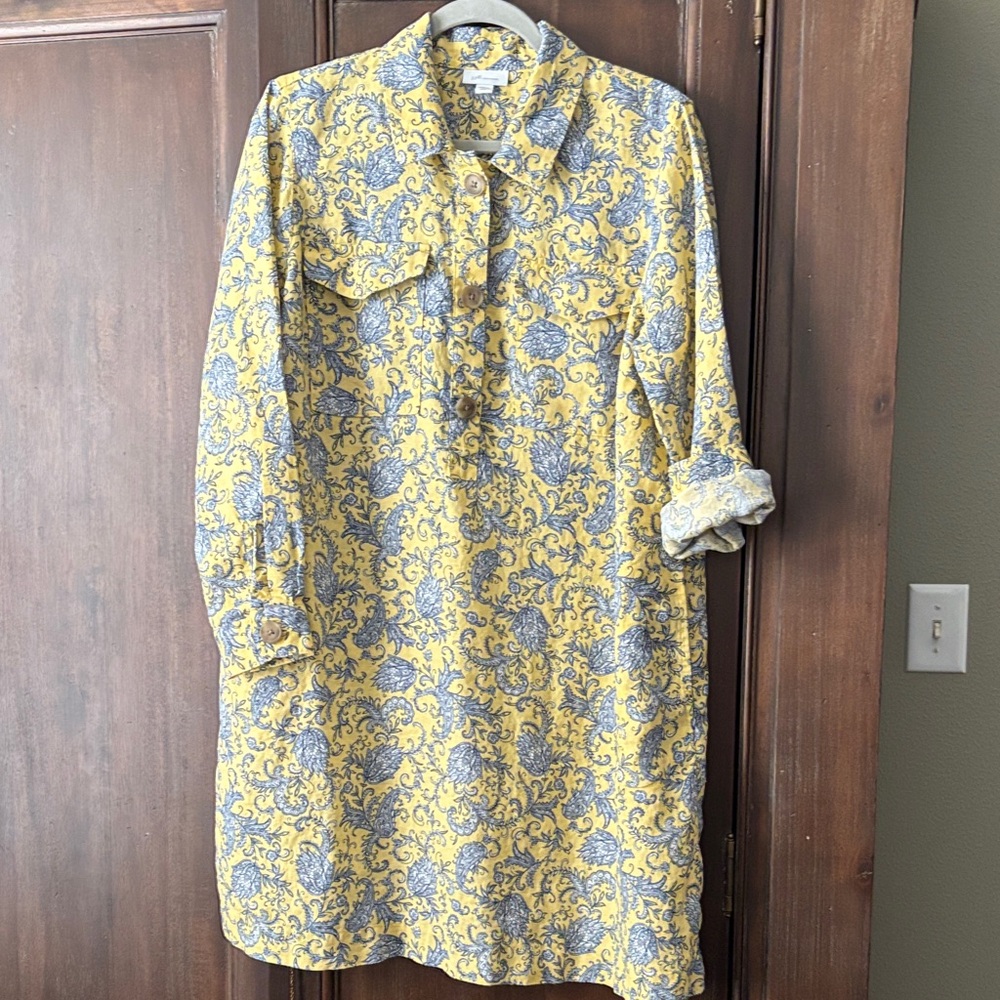 J.Jill linen Yellow and Navy Blue Floral Women's Dress
